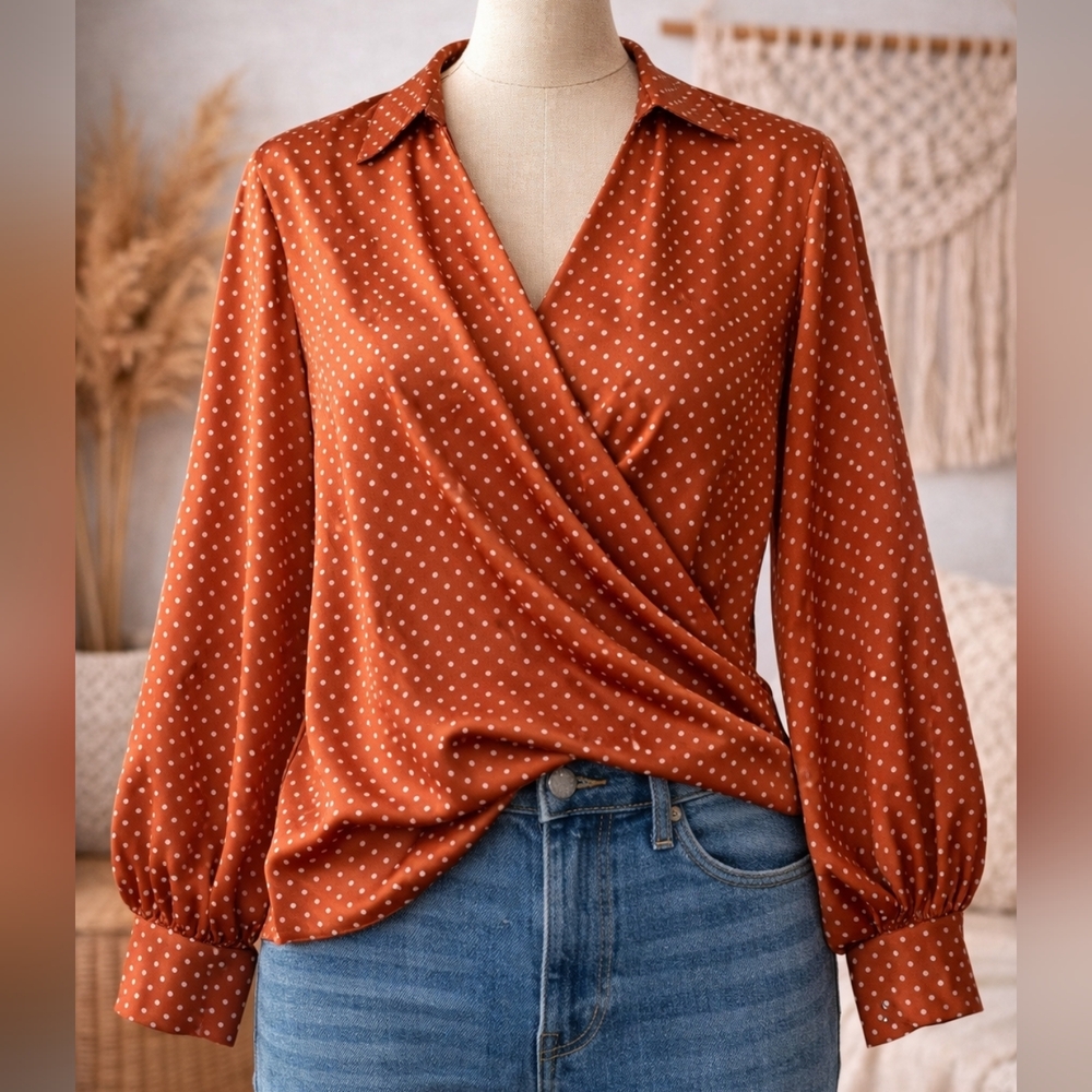 Endless Rose Terracotta Satin Polka‎ Dot Top